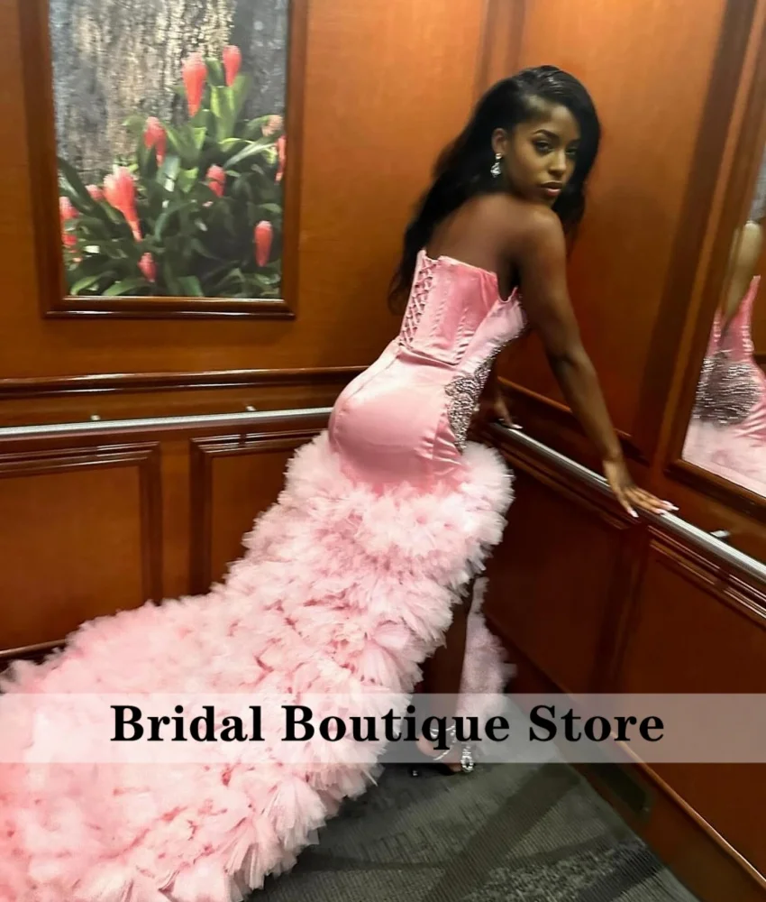 Sparkly Pink Mermaid Prom Dress Beading Diamonds Crystal Elegant Senior Birthday Party Dress 2024 Ruffles Tiered Customized 