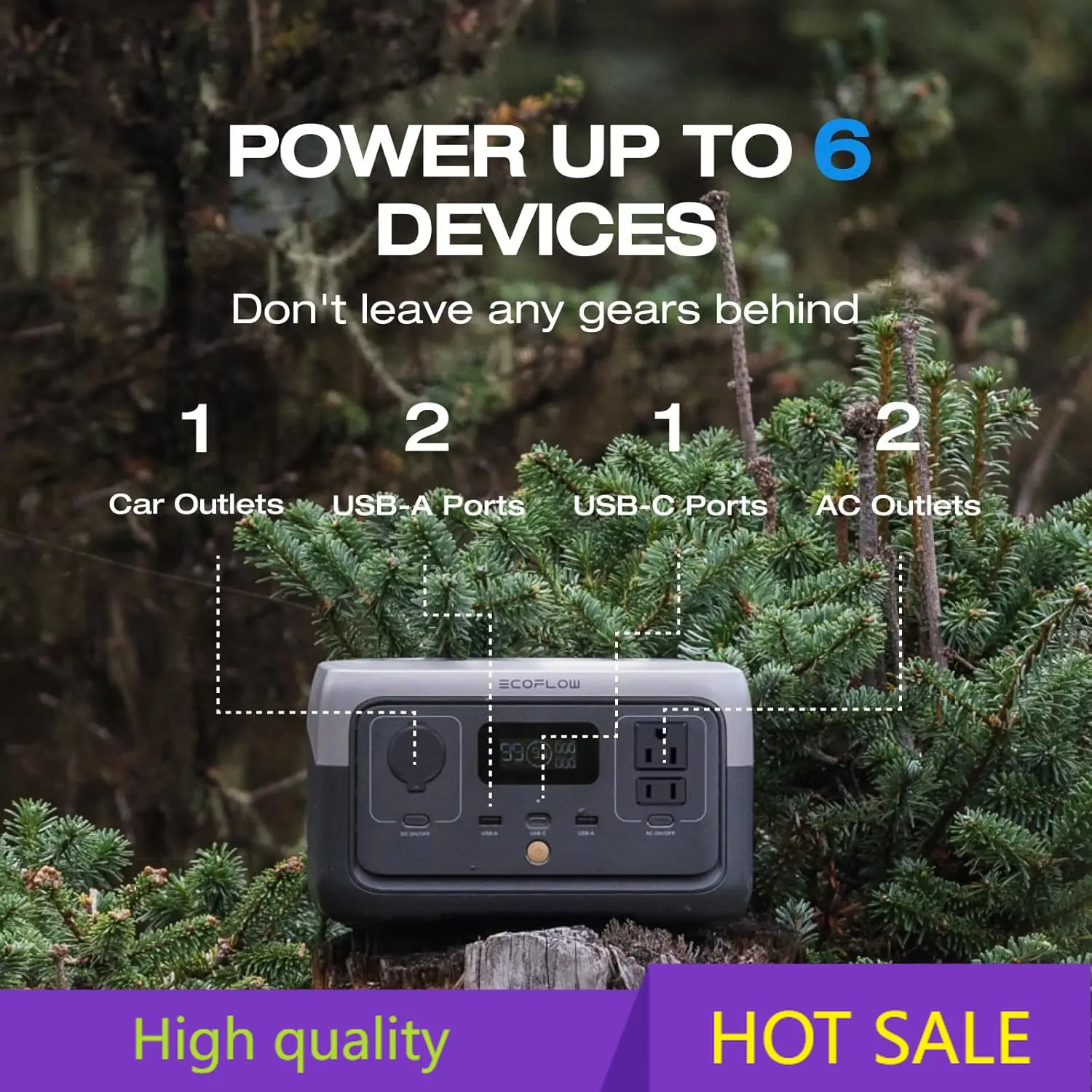 Cost-effective Portable Power Station RIVER 2, 256Wh LiFePO4 Battery/ 1 Hour Fast Charging, 2 Up to 600W AC Outlets, Solar Gener