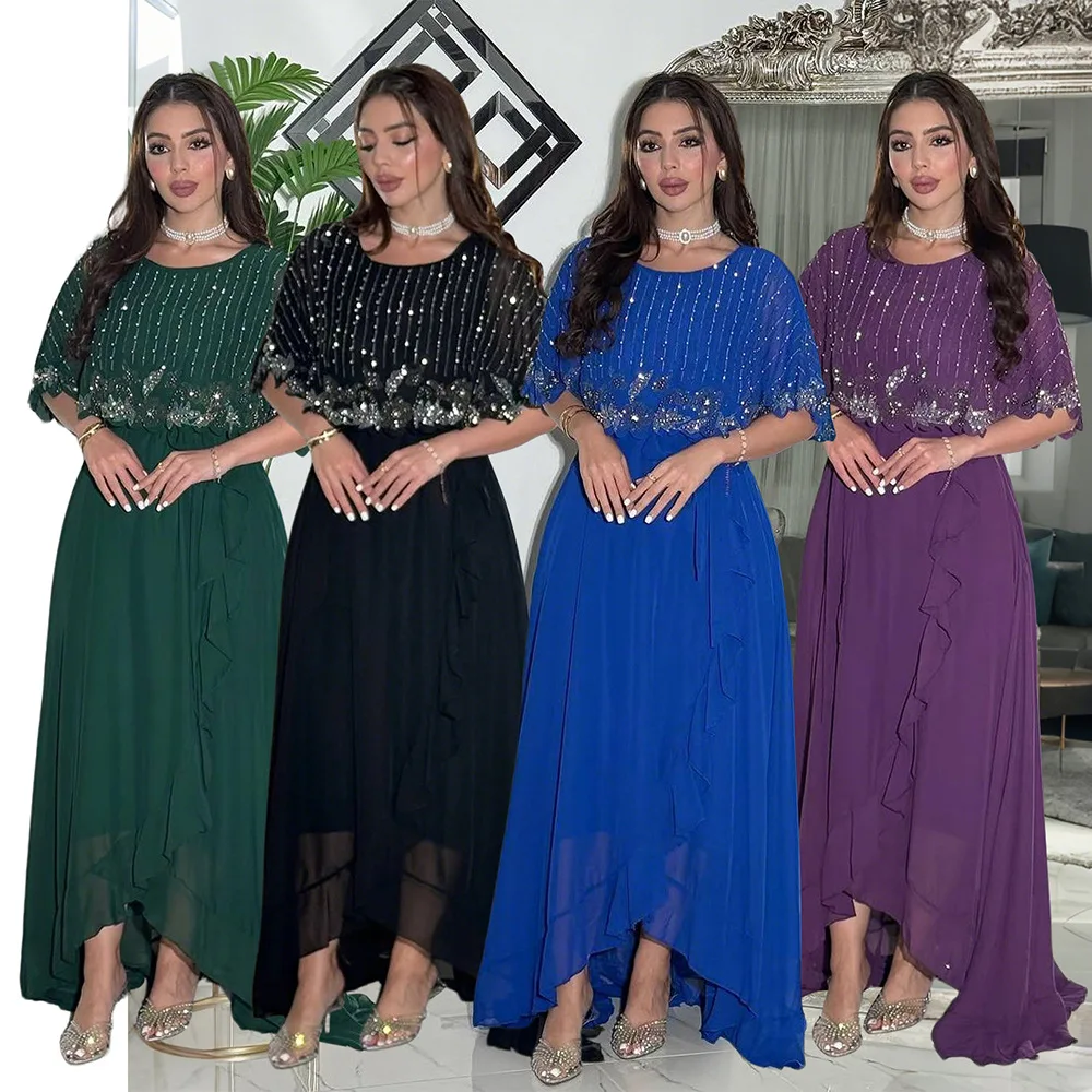 

Muslim fashion women's Abaya round neck rhinestone belt cape style dress with ruffled edges irregular women's long skirt