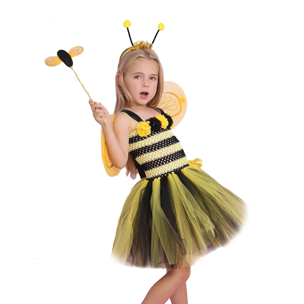 Yellow Black Honeybee Dresses for Girls Birthday Halloween Costumes for Kids Toddler Tutu Outfit Children Fancy Dress with Wings