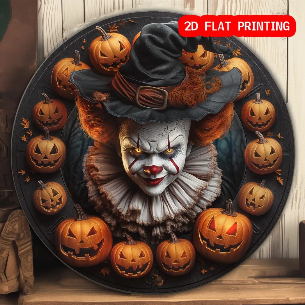 2D Flat Metal Sign Featuring a Gothic Clown for Halloween Decoration - a Vintage Horror Party Accessory with Jack-O'-Lanterns