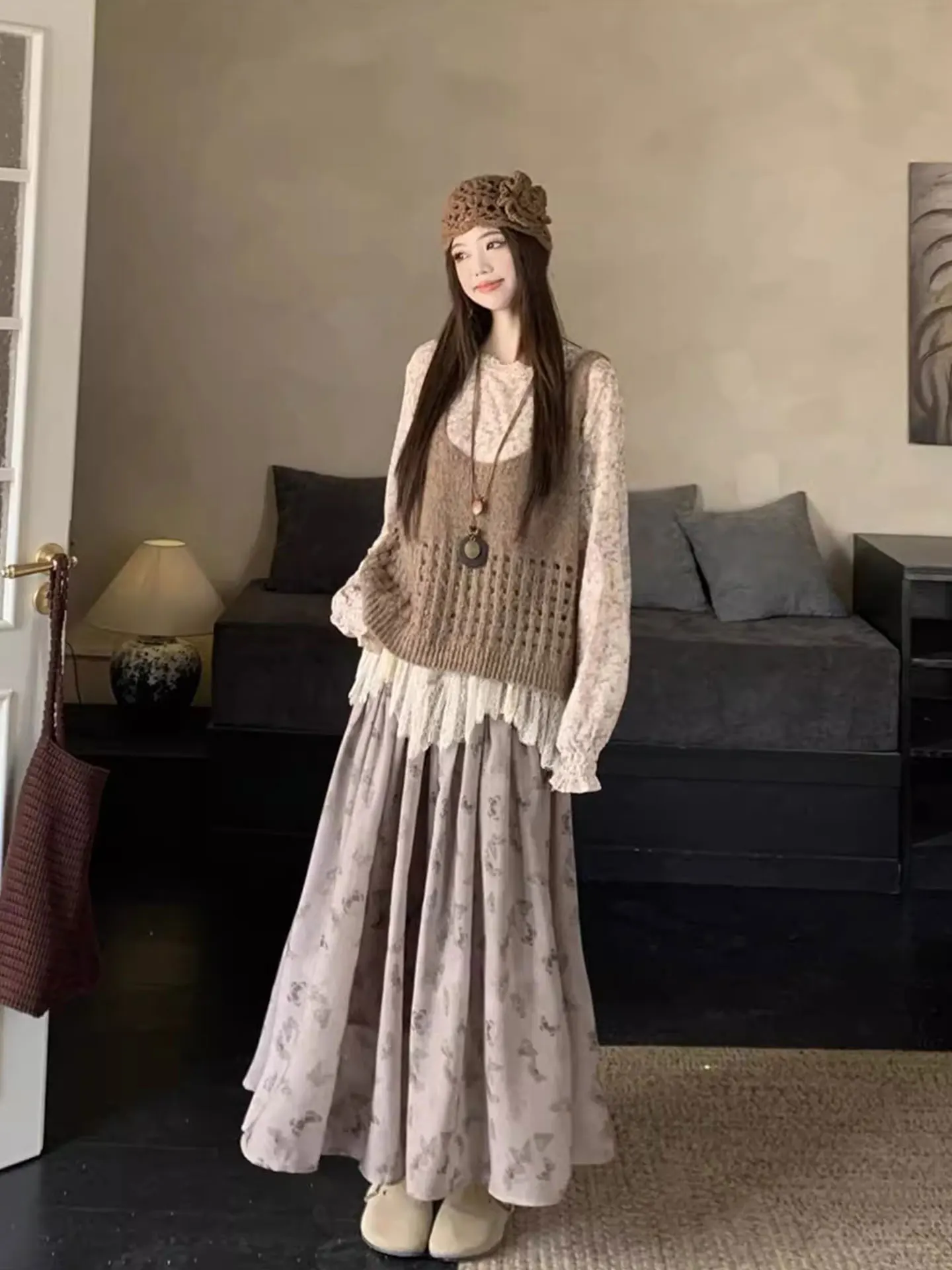 

Большие размеры, осенне-зимний комплект из кружевной основы, футболка миди, юбка с высоким воротником, длинный свеч, модный ансамбль для поездок на работу