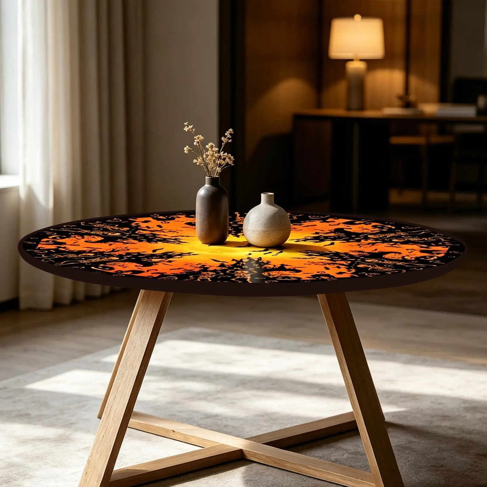 Round Elastic Tablecloth Pumpkin Skull Bat Pattern Waterproof Protector Halloween Theme Table Cover For Party Dining BBQ Outdoor