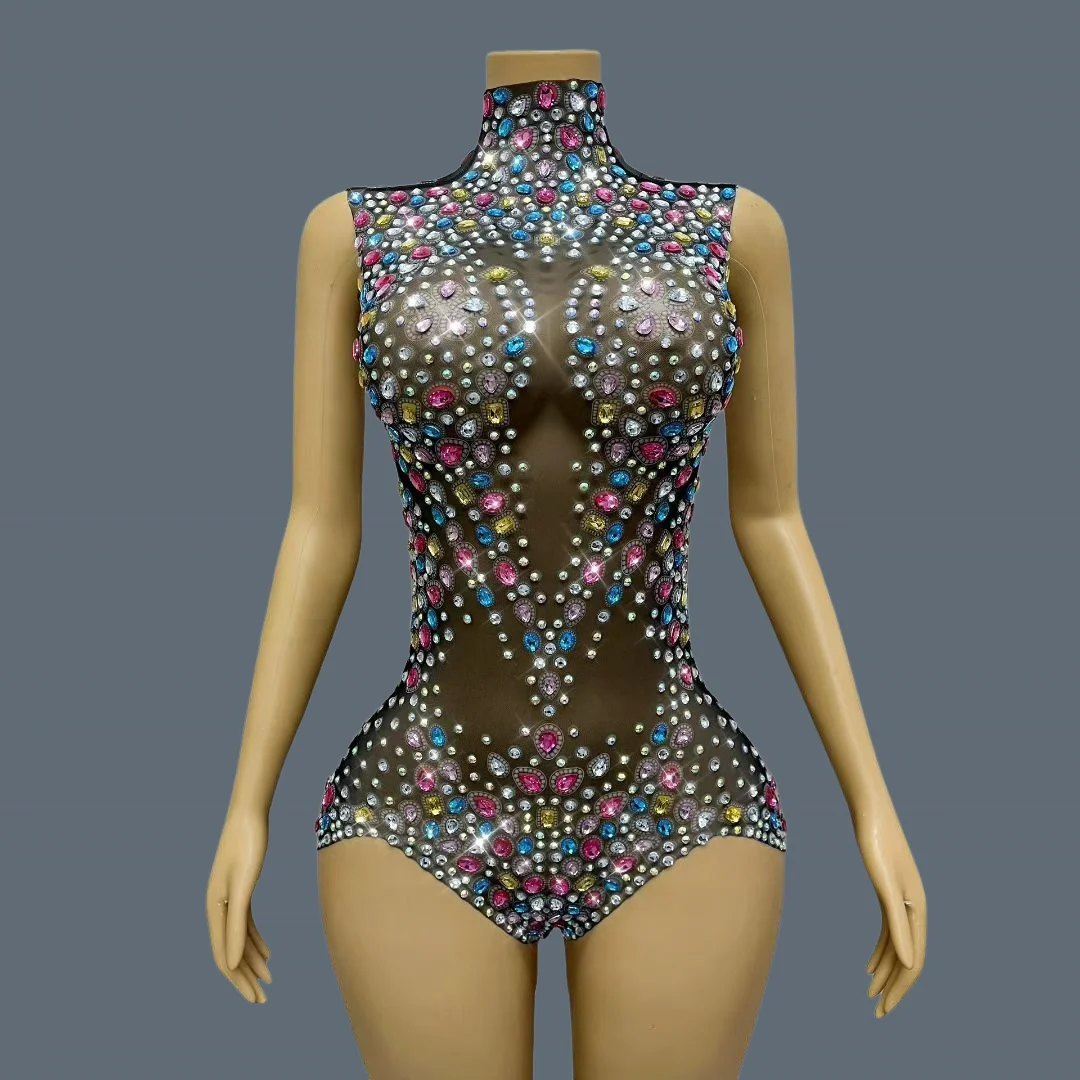 Colorful Sparkly Rhinestone Black See Through Mesh Bodysuit Drag Queen Performer Wear Dance Event Show Sexy Costume Tangwucai