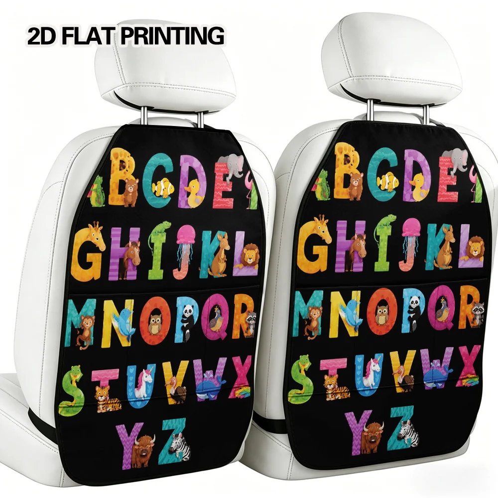 2D Flat, 2pcs Car Kick Mats With Organizer - Easy To Clean, Back Seat Car Organizer, Animal Alphabet Print, Fits Various Vehicle