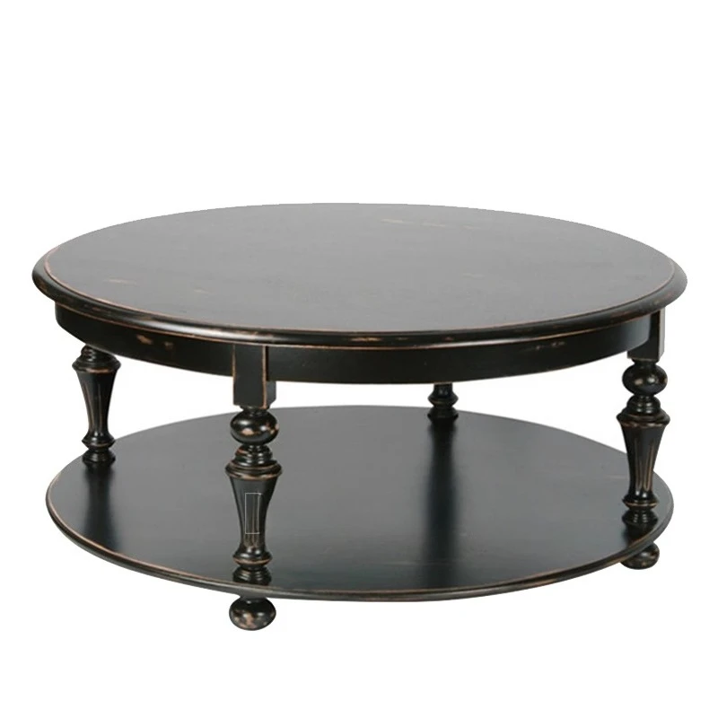 

American solid wood coffee table round black old retro living room Roman column double layer coffee table