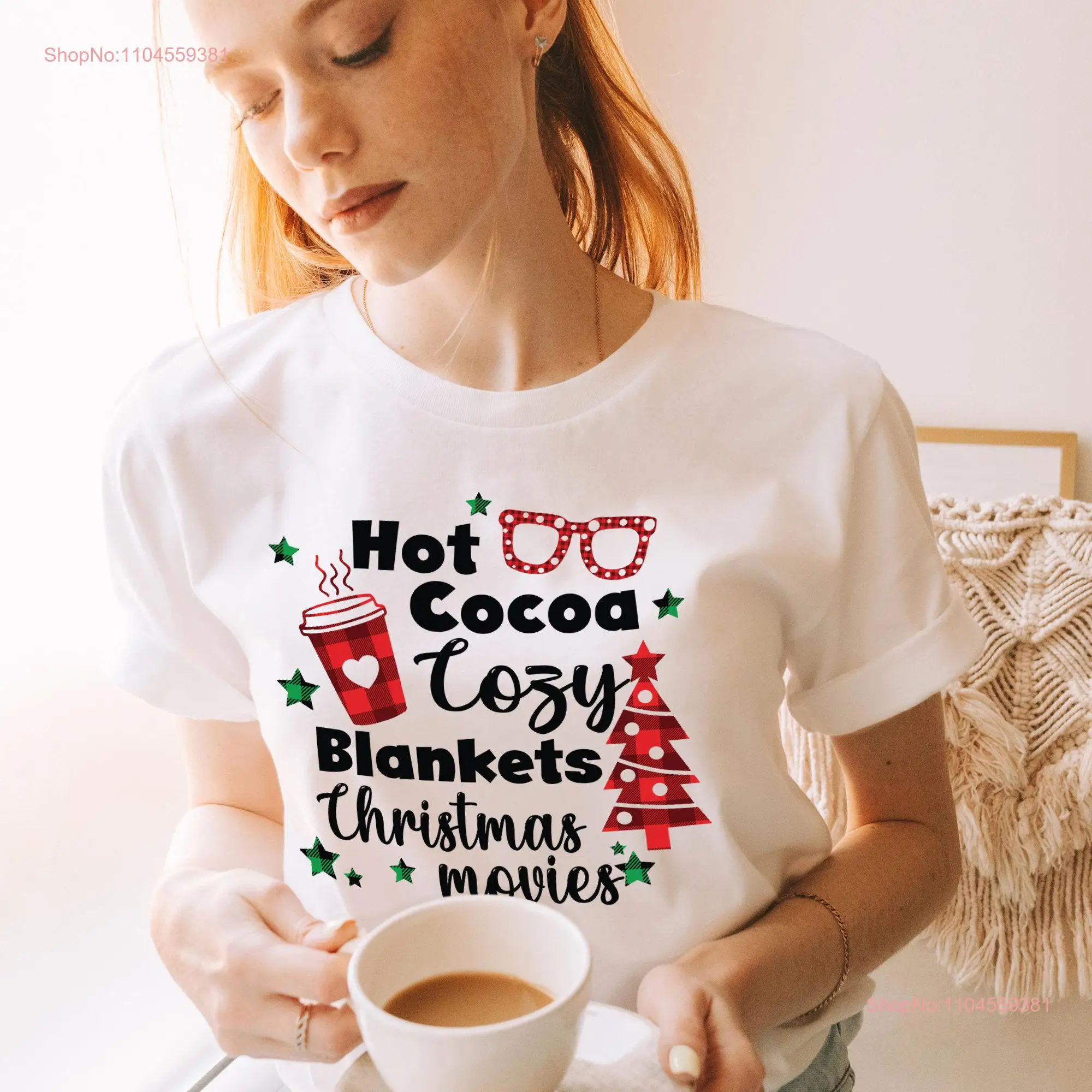 Hot Cacao Cozy Blankets Christmas Movies T Shirt Family Outfits Matching Buffalo Plaid Winter long or short sleeves