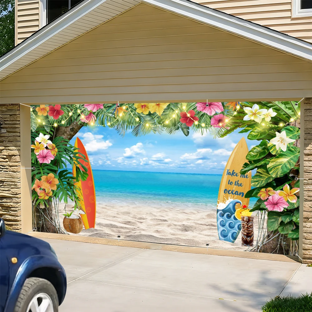 Large Garage Door Banner Cover Summer Tropical Beach Palm Tree Hawaiian Party Decoration Durable Polyester Outdoor Garden Banner