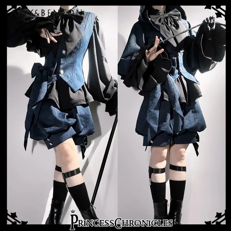 

25COSВинтажный стиль суда, средневековая Лолита, потому что наряды с кроличьими ушками, милая крутая куртка с капюшоном для девочек, жилет, шорты, рубашка, комплект из четырех предметов W