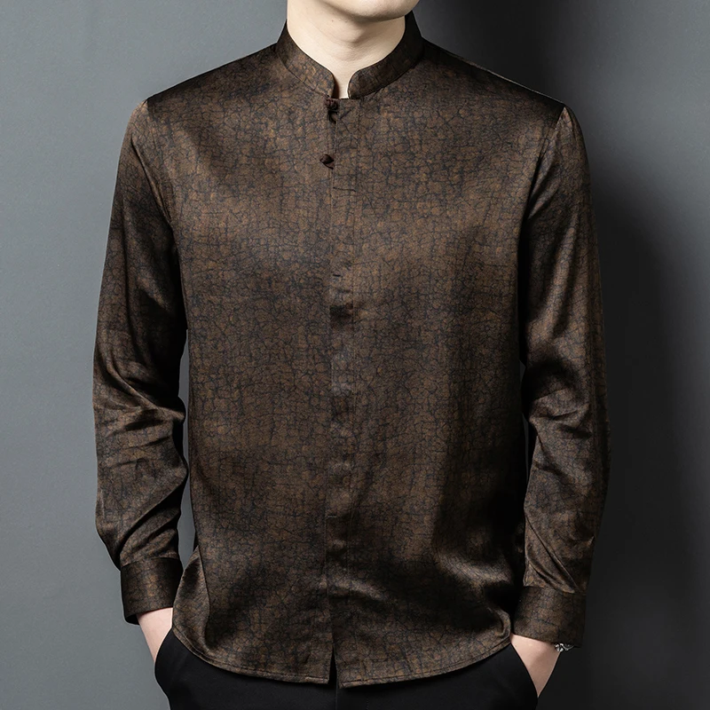 

Covered Button Silk Blends Shirts For Men Long Sleeve Crack Cool Summer Quality Gambiered Canton Gauze Fashion Camisas De Hombre