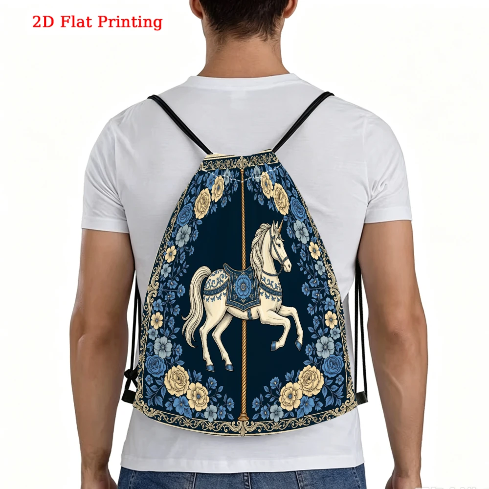 White Horse Blue Floral Pattern Drawstring Backpack, Travel Shoe Bag, Fitness Sports Backpack, Travel Outdoor Drawstring Bag