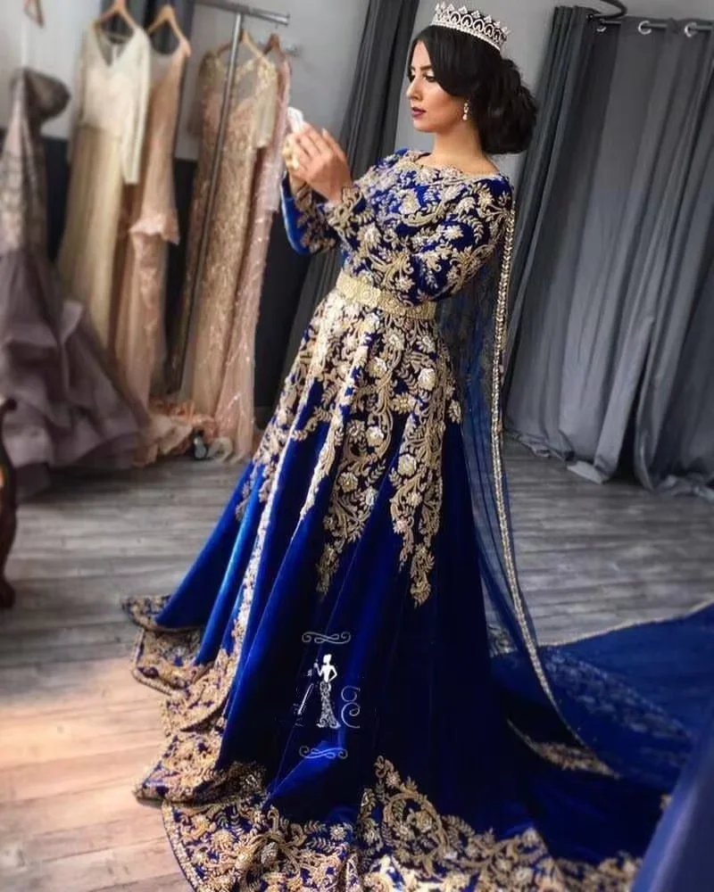 

Royal Blue Evening Dresses Cape Long Sleeve Appliqued Moroccan Kaftan arabic Prom Dress robe de soiree Party Gowns customsized