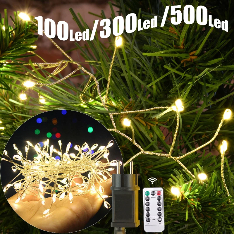 防水LEDストリングライト,220V, 36m,クラスターシルバーワイヤー,クリスマスツリーデコレーション,屋外プラグ,8モードランプ