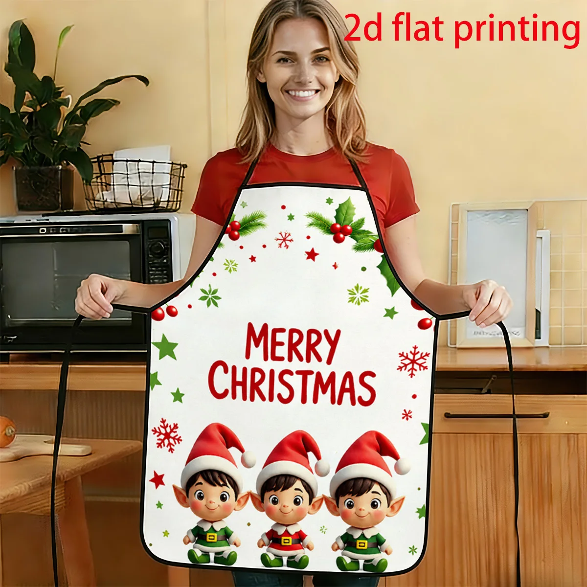 1pc 2D Flat Christmas Holiday Illustration Style Christmas Elf Holly Red Berry Pattern Printed Apron Durable And Easy To Clean A