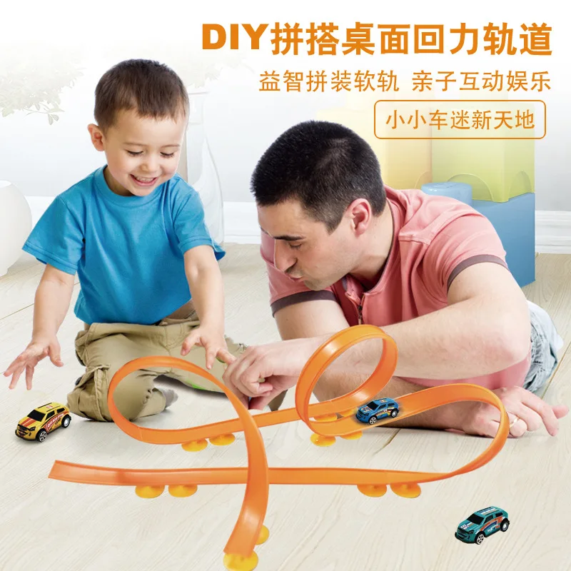 Metalowy tor wyścigowy dla dzieci, zabawka samochodowa, zestaw DIY, metalowy samochód wyścigowy na biurko