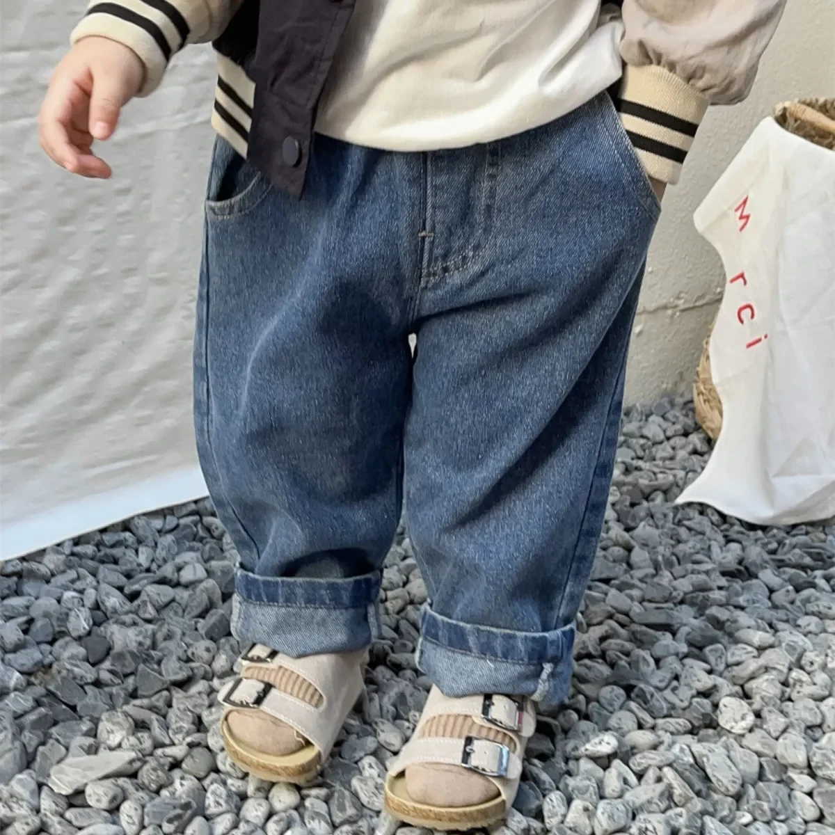 2025 Spring Baby Pants Solid Color Kids Jeans Fashion Boys Casual Pants Girls Loose All-match Trousers