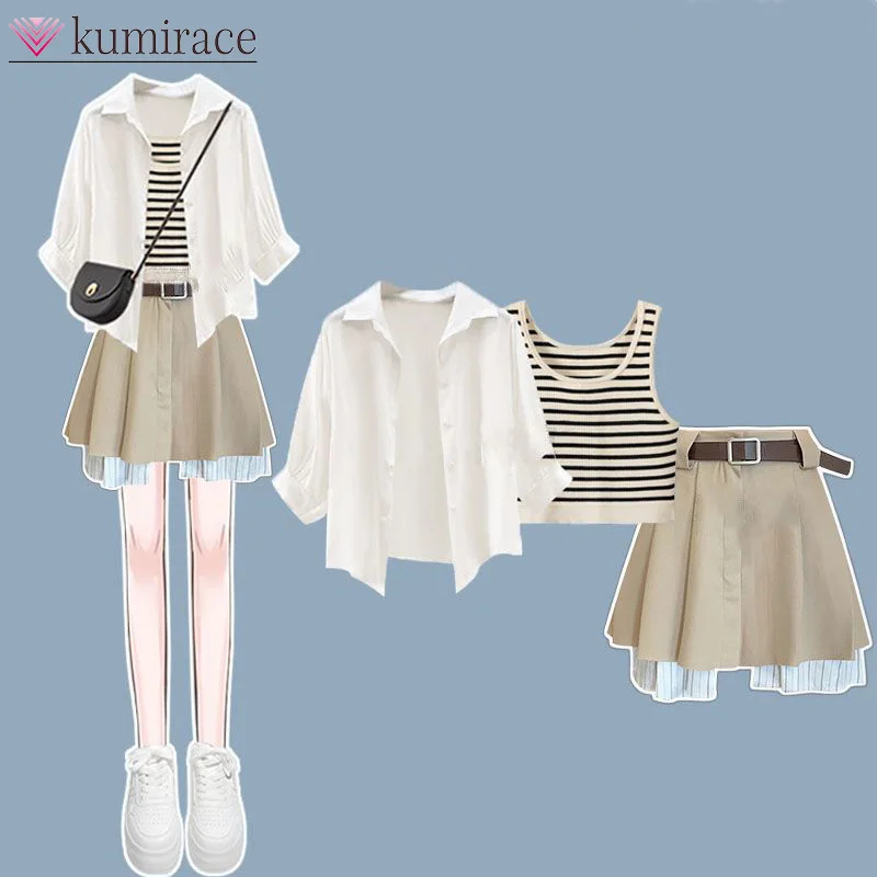 Summer Outfit Set 2024 Korean Version New Short Sleeved Shirt Top Women's Slimming Vest Versatile Short Skirt Three Piece Set