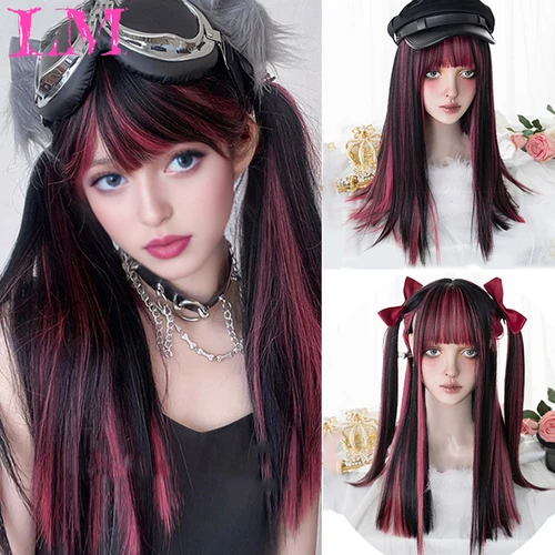 LM-peluca sintética de Lolita larga y recta con reflejos rosas, pelo de doble Color para niña, Cosplay, uso diario con flequillo
