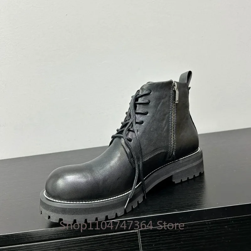 Men's Genuine Leather Side Zipper Lace Up Thick Sole Work Motorcycle Casual Chelsea Boots Male Black Outdoor Walking Shoes