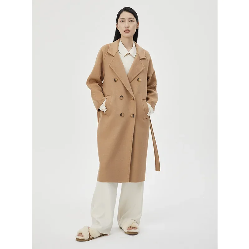 Reversible Wool Coat Female 2022 Fall and Winter New Classic Commuter Style V-neck Double-breasted Tie Tweed Jacket