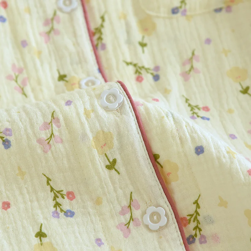 2026 الخريف كريب قطني المرأة منامة عادية لينة فضفاضة ملابس خاصة طويلة الأكمام السراويل بيجامة مجموعات ملابس الليل 2 قطعة مجموعة