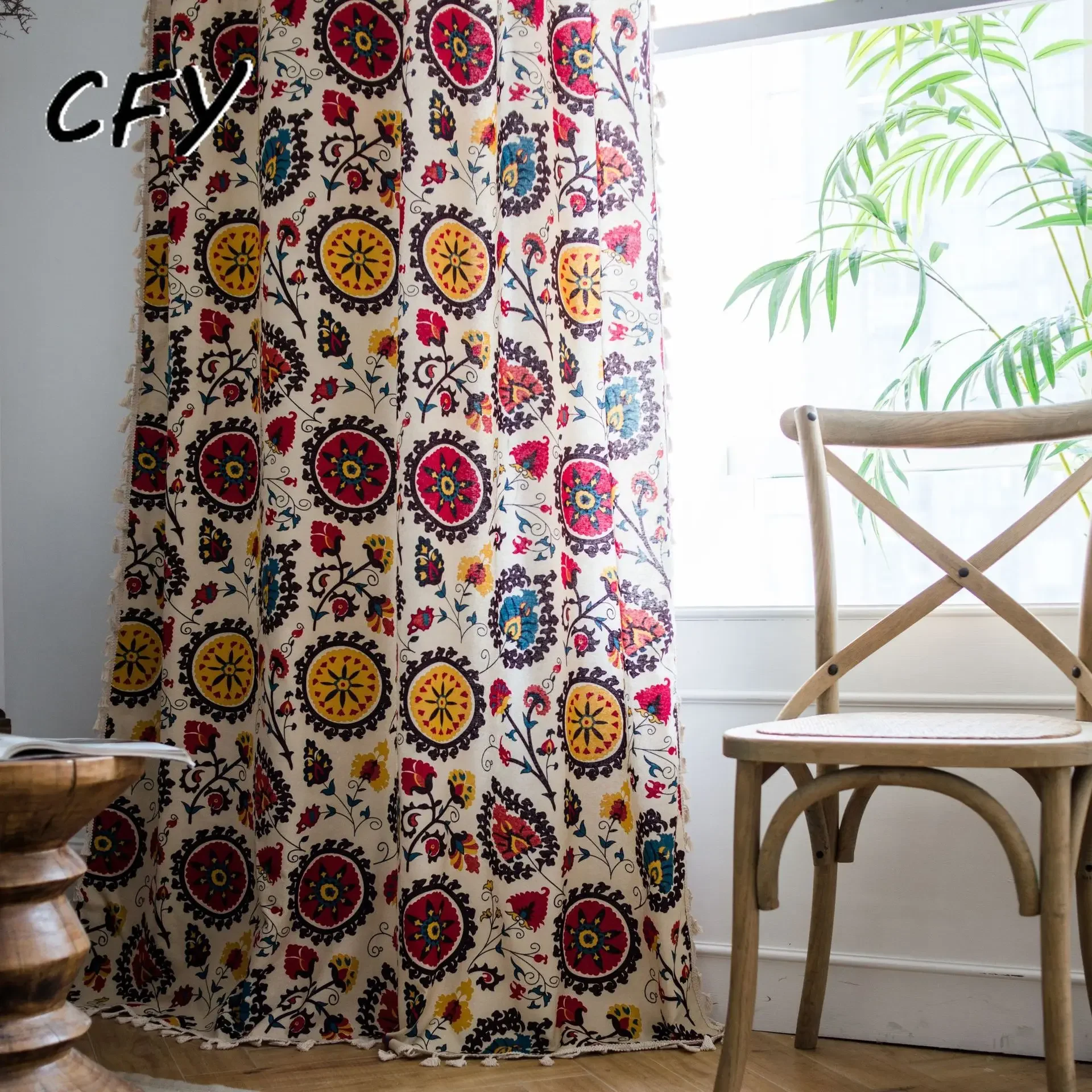 

Bohemian Sunflower Jacquard with Tassels Curtain Thick Blackout Curtains for Living Room American Vintage Drape Kitchen Valance