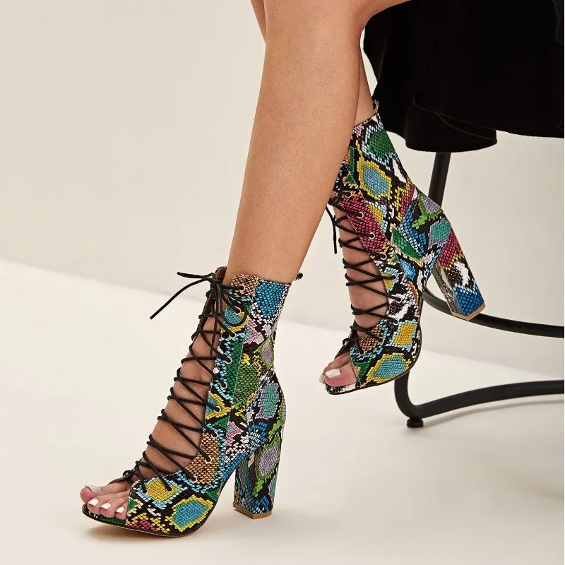 Snakeskin Lace - Up Front Chunky Sandal Boots Shoes for Women Heels Women Shoes