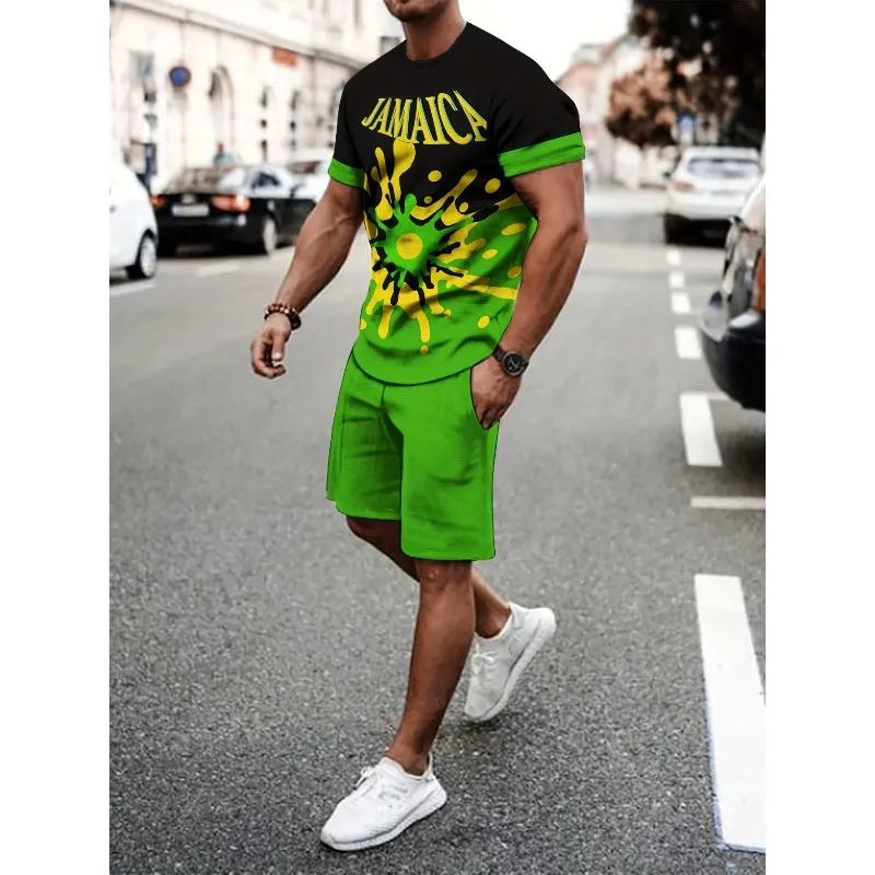 2025 Men's Casual Outdoor Sports Round Neck T-shirt Shorts Spring Summer 3D Printed Breathable Two-piece Set