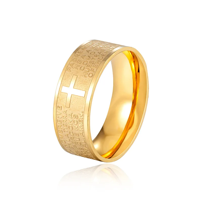 7mm Tone Spanish Golden The Holy Bible  Prayer Cross Ring Stainless Steel Rings Wholesale
