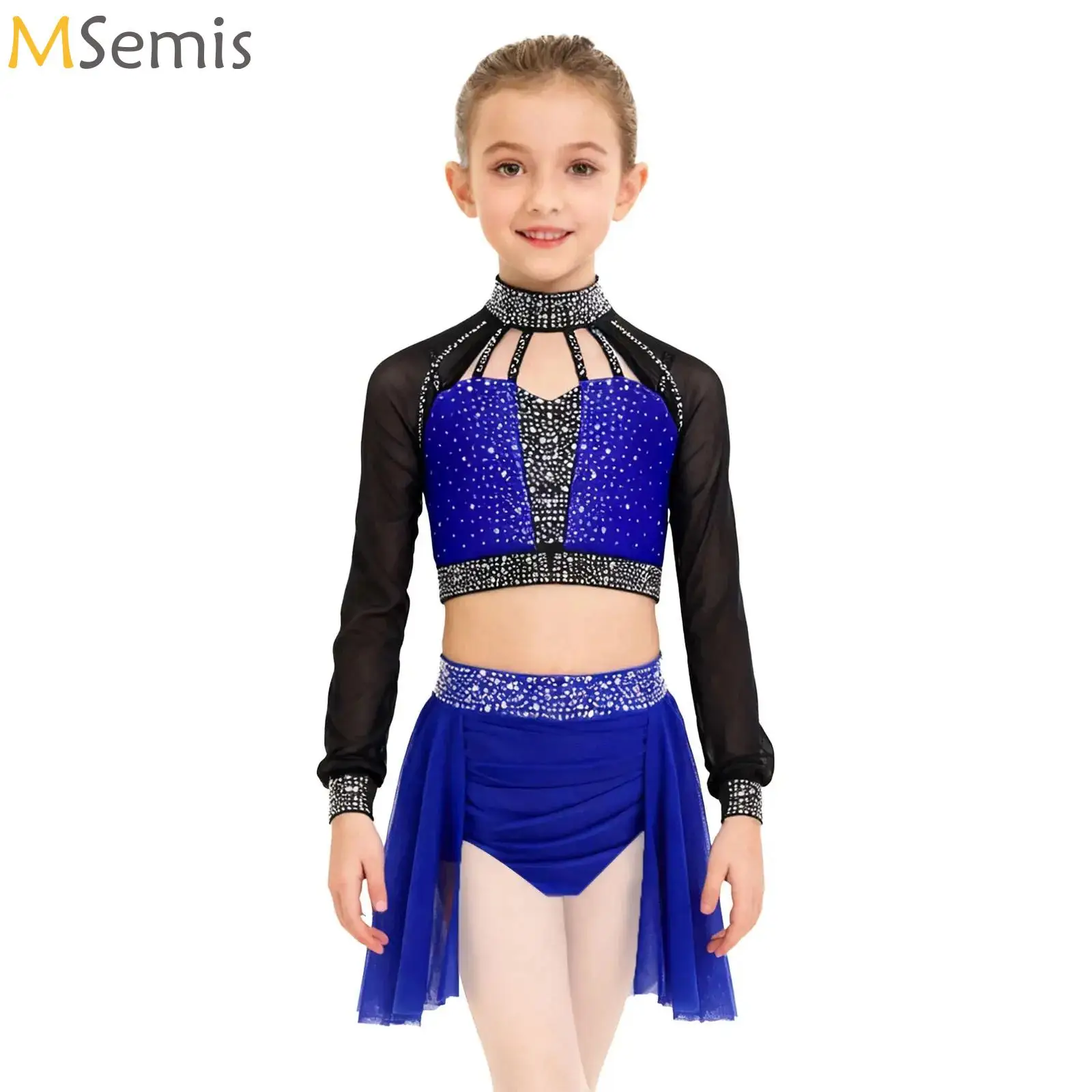 

Girls Ballet Ballroom Lyrical Dance Set Sheer Mesh Long Sleeve Cutout Crop Tops+Ruched Skirt Performance Competition Costume