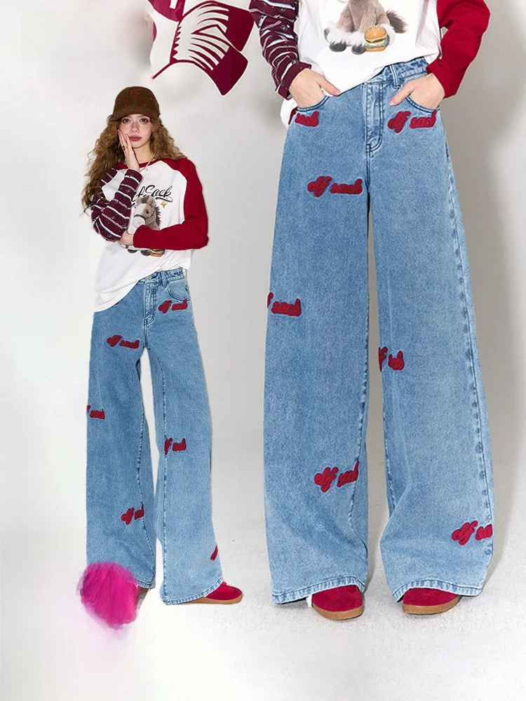 

Джинсы женские прямые с высокой талией, вышивкой в виде красных губ, весенние, повседневные, широкие штанины, с эффектом стройности, повседневные, стильные