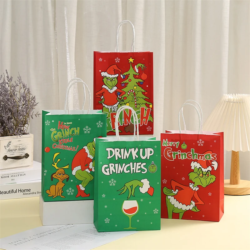 LPZHI 12Pcs Red/Green Christmas Gift Paper Bags With Handle New Year Party For Cookies Toy Chocolate Candy Packaging Decoration