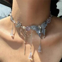 Collier ras du cou papillon en strass pour femme, élégant, avec longue pampille en cristal vert, bijoux de fête Y2K 1