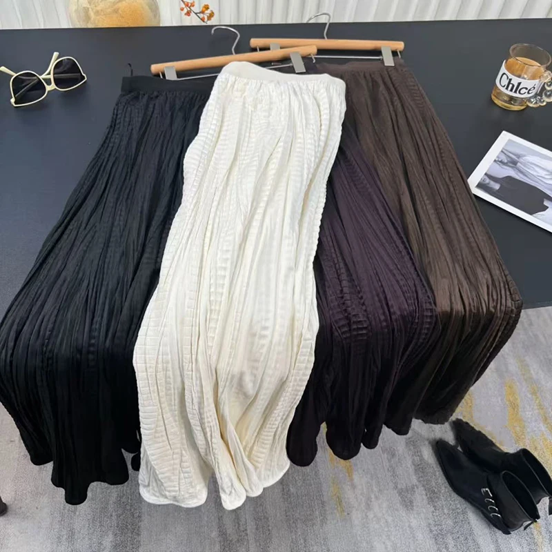 

Autumn Vintage Folds Skirts Women Y2K High Waist Streetwear All Match Pleated Skirts Korean Loose Office Lady Casual Midi Skirts