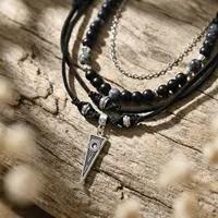 Collier en cuir superposé avec pendentif triangle en métal Vnox, perles d'onyx noir, pour homme et femme, longueur réglable, bijoux bohèmes, cadeau 3