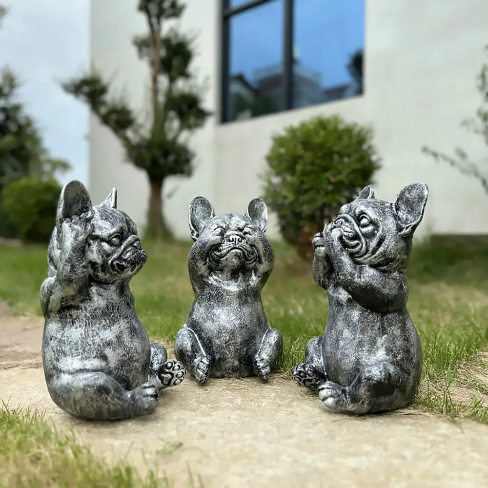 No listen,No say, No look,French Bulldog Garden Ornament Creative dog Resin Statue Outdoor Balcony Home Living Room Decoration