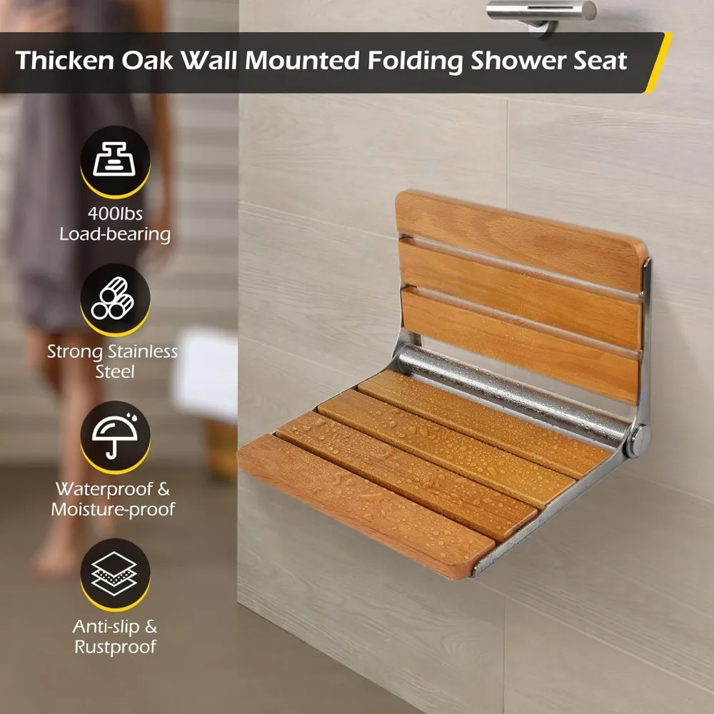 Folding Shower Seat Wall Mounted 400 Lbs Load-Bearing Anti-pinch Hand Shower Chair Foldable Wooden Shower Seat for Elderly