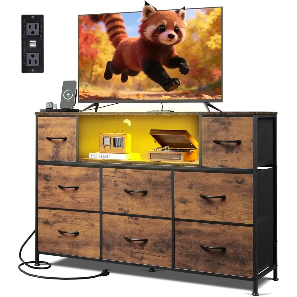 Stylish TV Stand for 45-55 Inch TVs with LED Lighting and Charging Port, Includes Fabric Drawers and Open Shelves for Living Spa