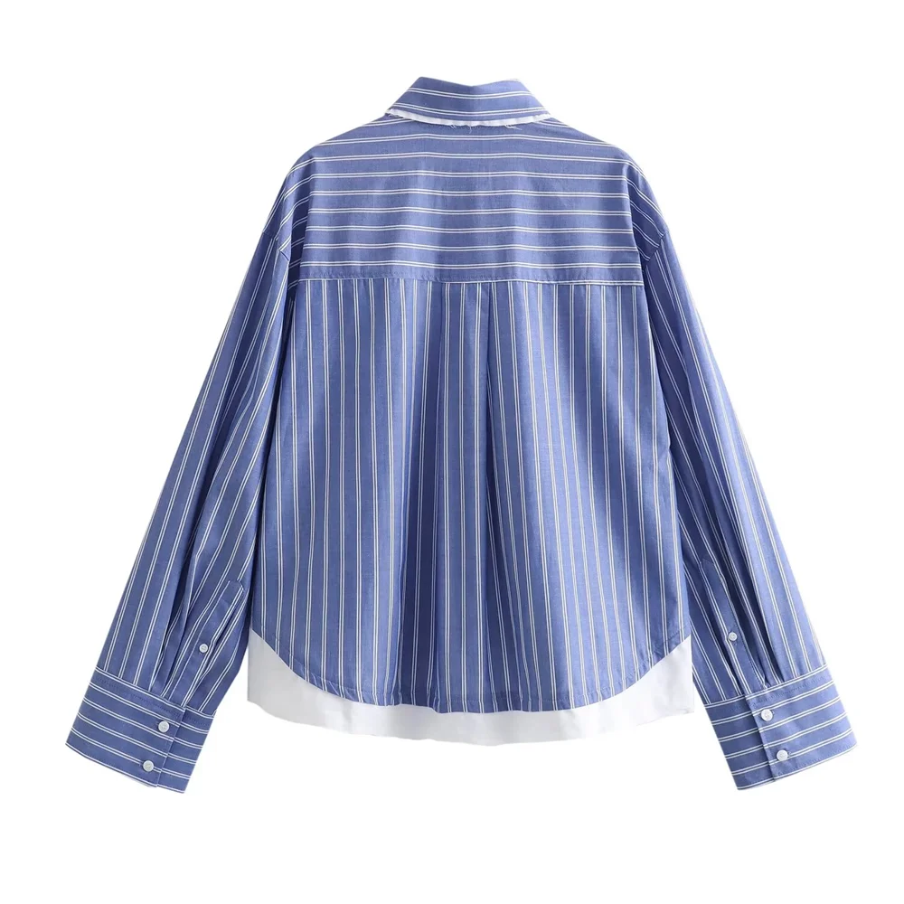 PB&ZA 2023 Spring New Women\'s Fashion and Elegance Casual Versatile Loose Spliced Striped Shirt