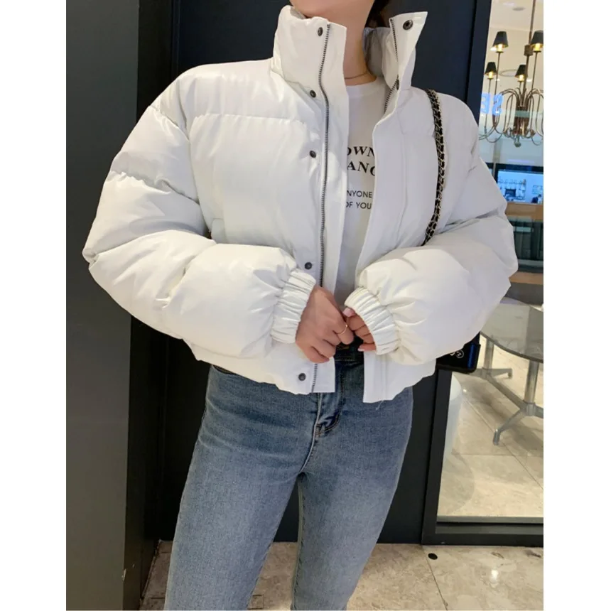 

Winter Vintage ort Thiened PU Leather Jaet Women's Loose Fit Stand Collar Cotton Coat Trendy Street Sle Casual Wear