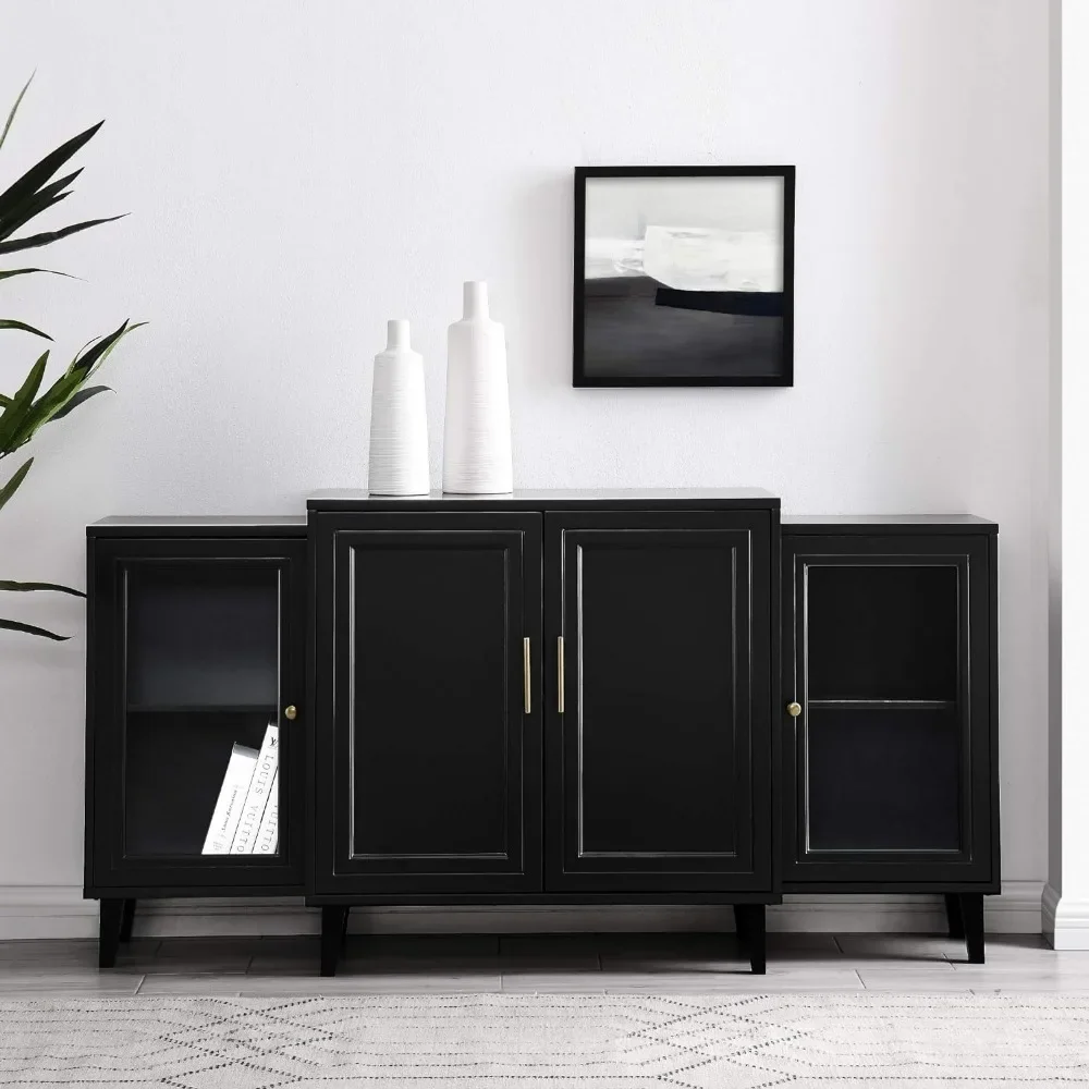 Mueble de salón Buffet de 4 puertas, aparador escalonado moderno, soporte de Buffet para almacenamiento, mesa de centro de sala de estar, 62 repisas, color negro