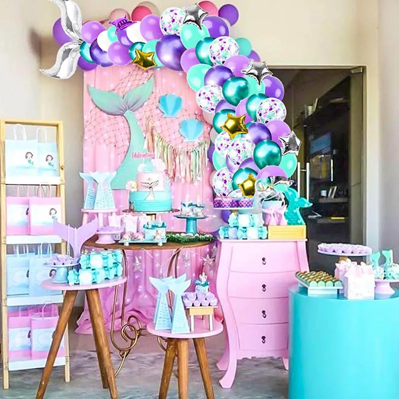 AA94-Mermaid Balloon Garland Arch Kit Long Green Purplee White Confetti Latex Balloons Theme Girl Birthday Party Supplies
