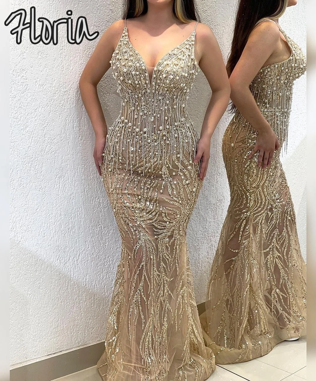 แชมเปญสปาเก็ตตี้Mermaidยาวอย่างเป็นทางการชุดราตรีCoutureลูกปัดพู่ชุดสําหรับงานแต่งงานVestidos De Noche