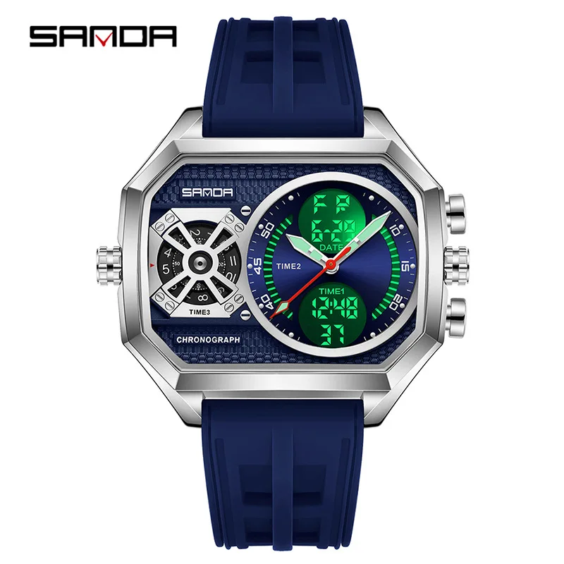 

Men's Waterproof Luminous Wristwatch with Triple Movement 4 Time Zones Countdown Function Large Dial Electronic Sports Watch