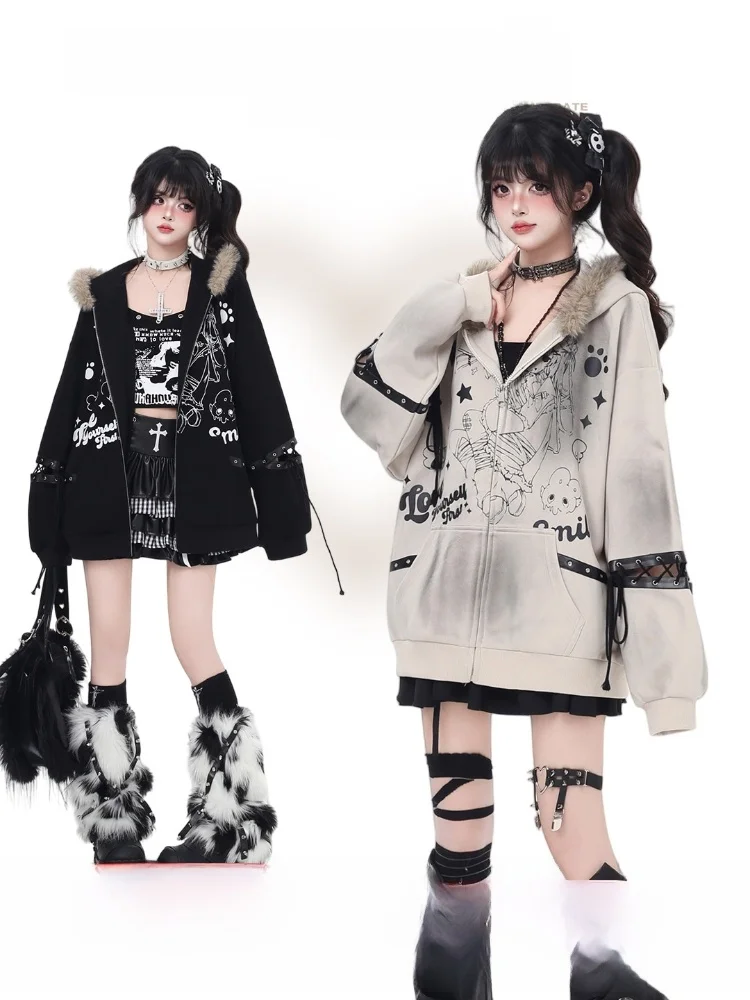 

Punk Sle Women's Jaet American Sle Loose Fit Fur Collar Belt Design Retro Feel Autumn Outerwear for Ladies