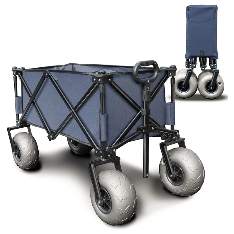 Collapsible Iron Enclosed Mesh Beach Cart Large Capacity Canvas Foldable Four-Wheel for Garden Shopping Storage