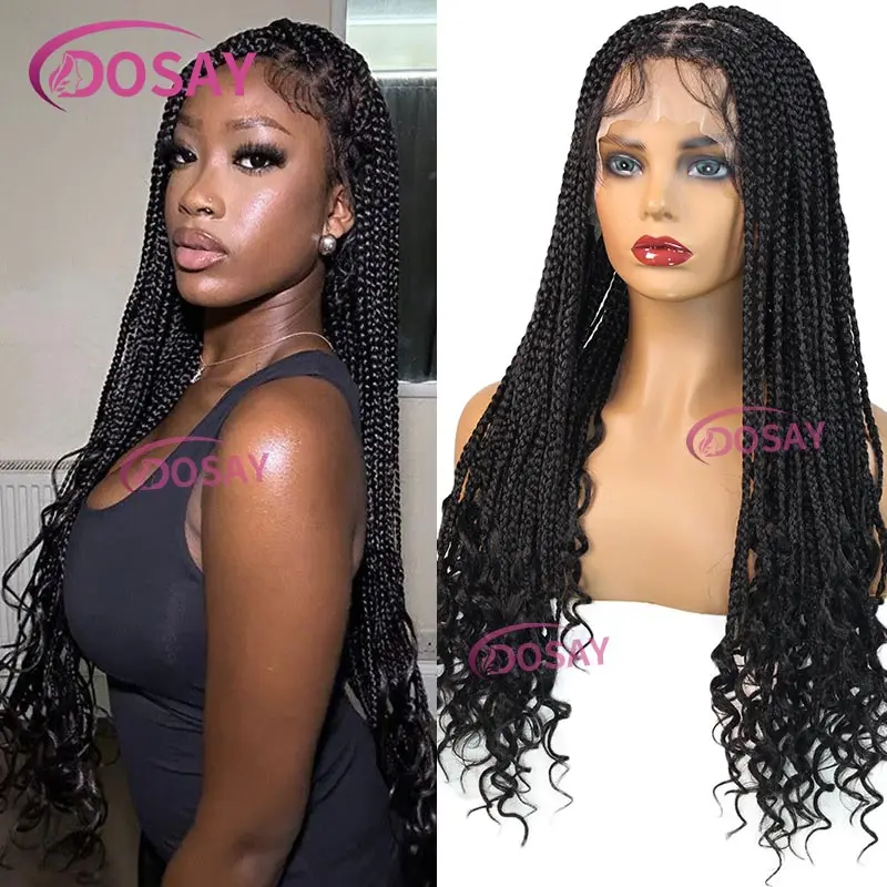 24 Inches Full Lace Braided Wigs Synthetic Lace Frontal Braids Wig With Curly Ends for Black Women Knotless Box Braiding Wig