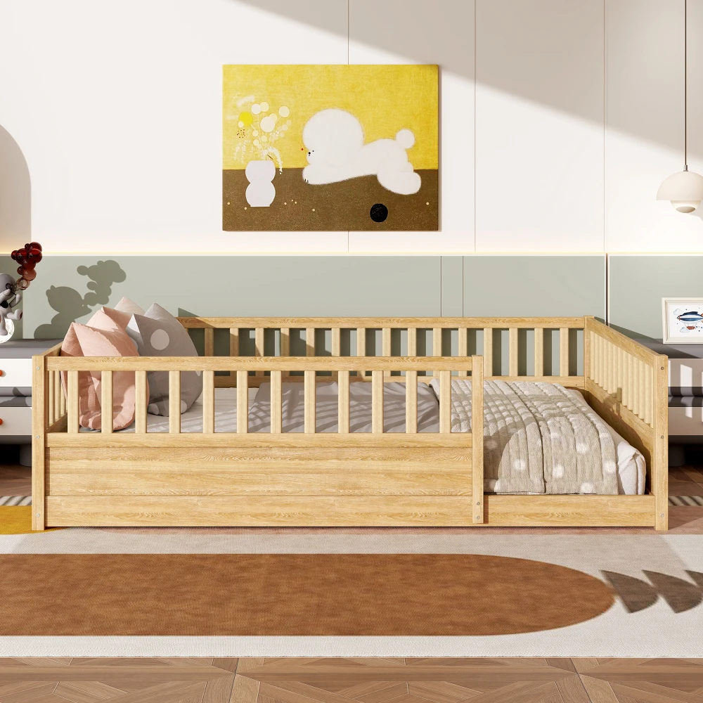 

Queen Montessori Floor Bed with Safety Rails: Low Wood Frame for Kids/Toddlers, No Box Spring, Natural