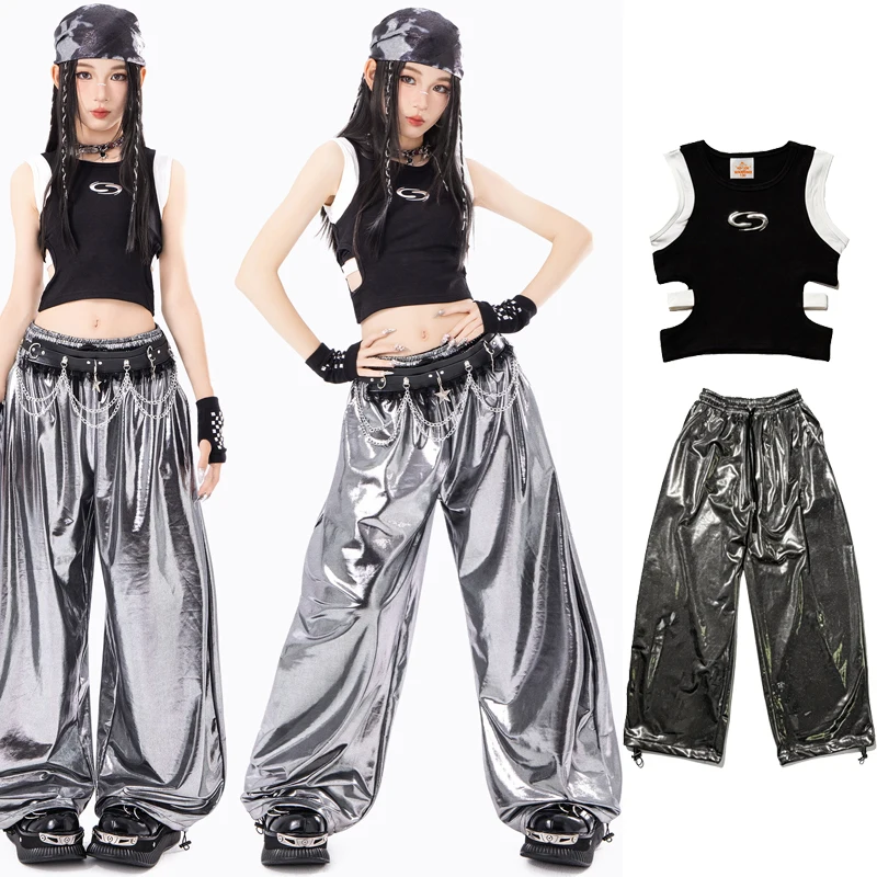 

2026 Modern Jazz Dance Performance Stage Costumes For Girls Black Vest Sliver Pants Suit Kids Hip Hop Dance Rave Clothes XH4779