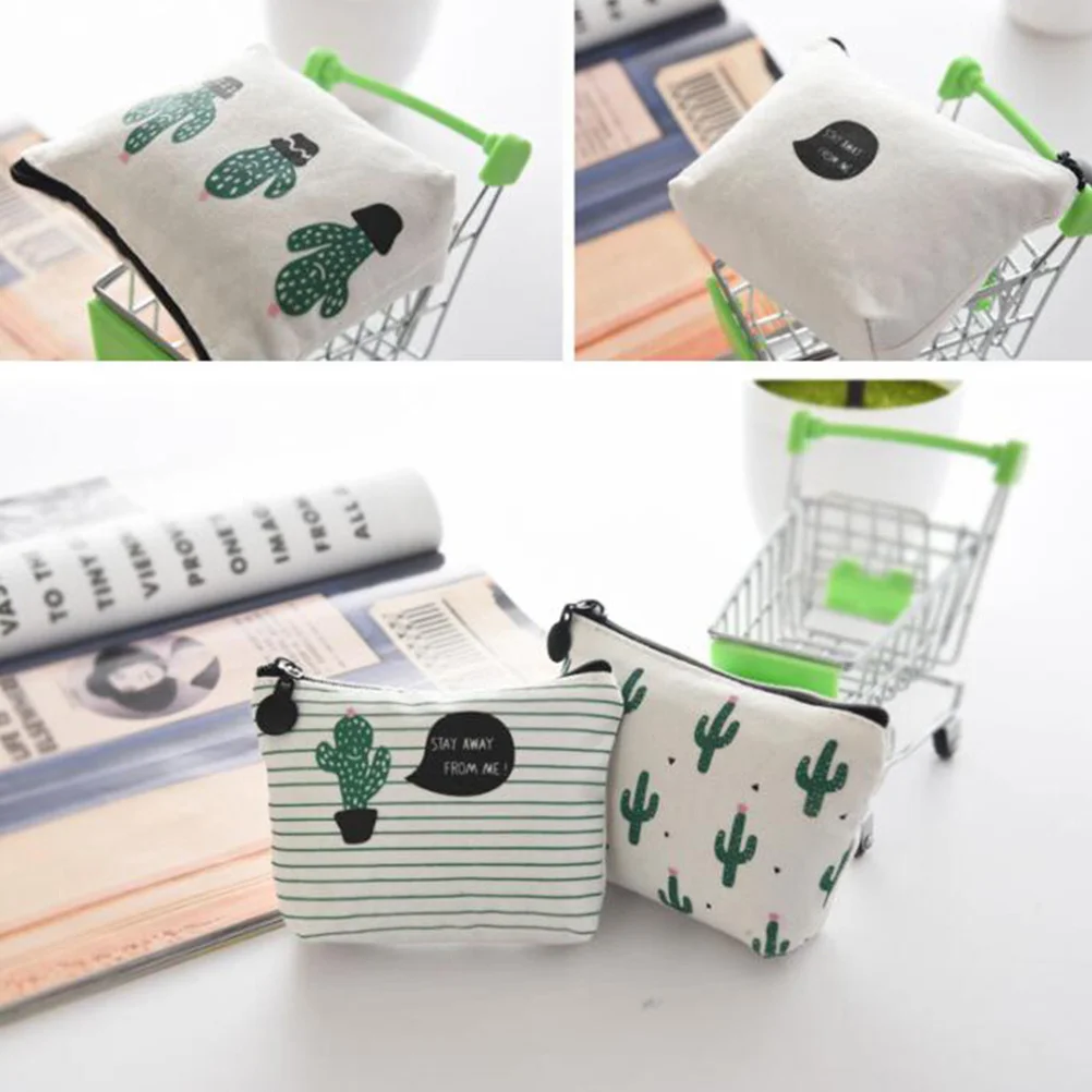 

4Pcs Canvas Cactus Student Pencil Case Pen Holder Makeup Bag Coin Purse Mini Wallet Key Pouch Canvas Coin